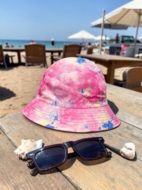 Pink Tie-Dye Bucket Hat with Blue & Yellow Splashes